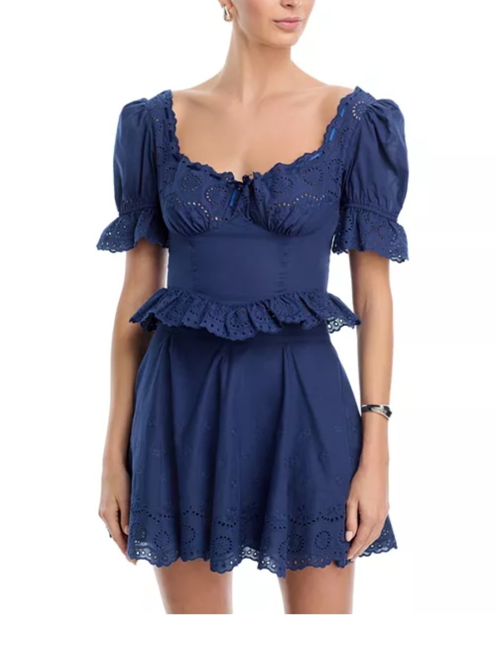NWT Aqua Wuthering Heights Navy Eyelet Peplum Top Puff Sleeve Blouse Shirt L